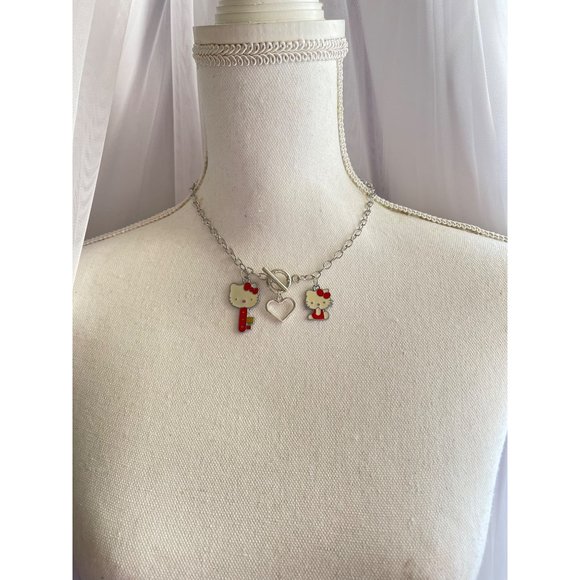 Silver hello kitty red charm heart choker necklace - Picture 5 of 6